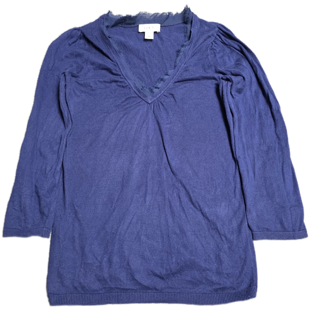 Ann Taylor LOFT V-Neck 3/4 Sleeve Sweater Women's Size XS Navy Blue Chiffon Trim